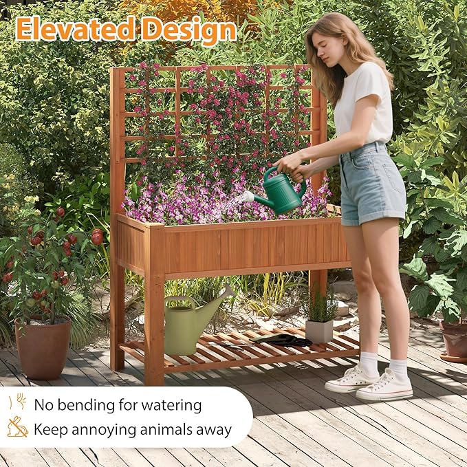 Giantex Raised Garden Bed with Trellis, Wooden Elevated Planter Box with Legs, Drainage Holes for Climbing Plants Vines Vegetables Flowers Herbs, Outdoor Horticulture Planter for Patio Yard (Brown)