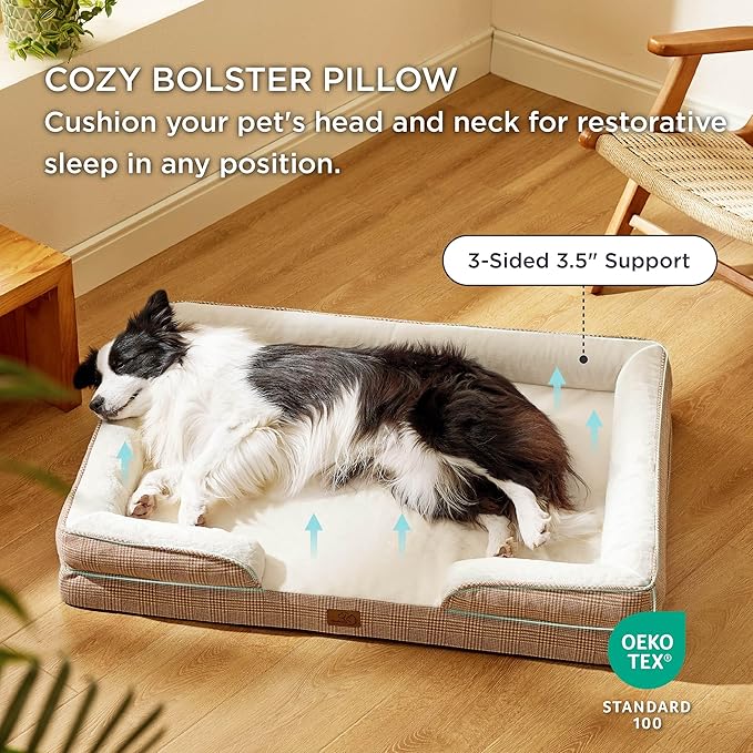 Bedsure XL Orthopedic Dog Bed for Extra Large Dogs - Washable XLarge Dog Cat Bed Waterproof, Comfort Dogs Couch Sofa with Washable Removable Cover, Pet Bed with Nonskid Bottom, Plaid-Brown, 42"