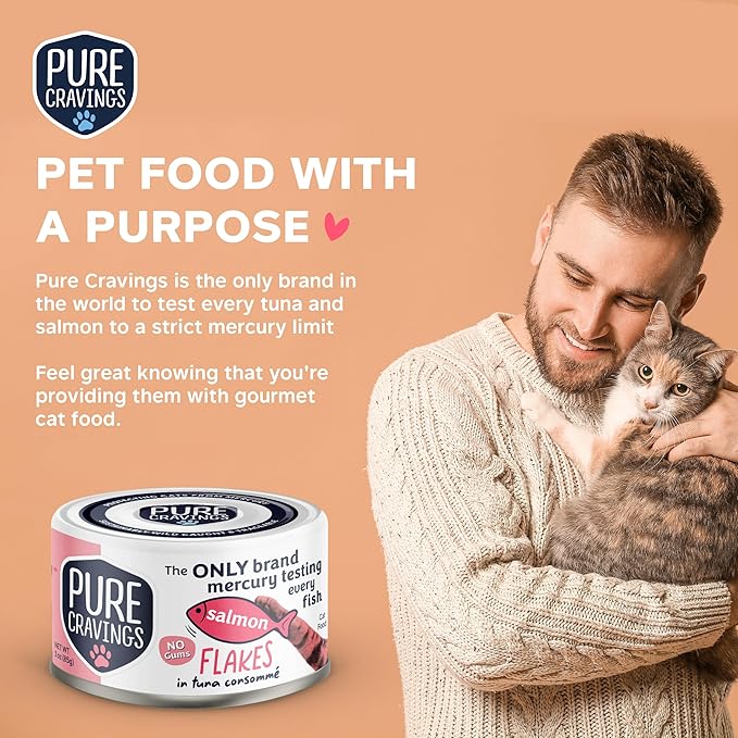 Salmon Flakes in Tuna Consommé, Canned Wet Cat Food Soup, 100% Mercury-Tested, Moist Can Fish, Grain-Free Protein, Non-GMO, 3oz, Pack of 12