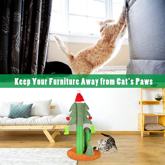 32” Cat Scratching Post, Tall Christmas Tree Cat Scratcher with 3 Posts and Cute Dangling Teaser Balls, Natural Sisal Rope Cat Toys for Kitty and Adult Cats
