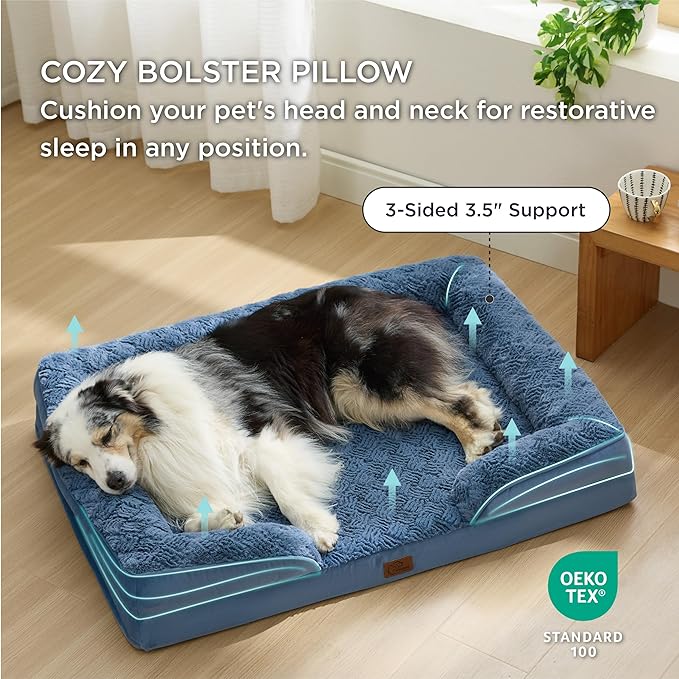 Bedsure XL Orthopedic Dog Bed for Extra Large Dogs - Washable XLarge Dog Cat Bed Waterproof, Comfort Dogs Couch Sofa with Washable Removable Cover, Pet Bed with Nonskid Bottom, Plush-Blue, 42"