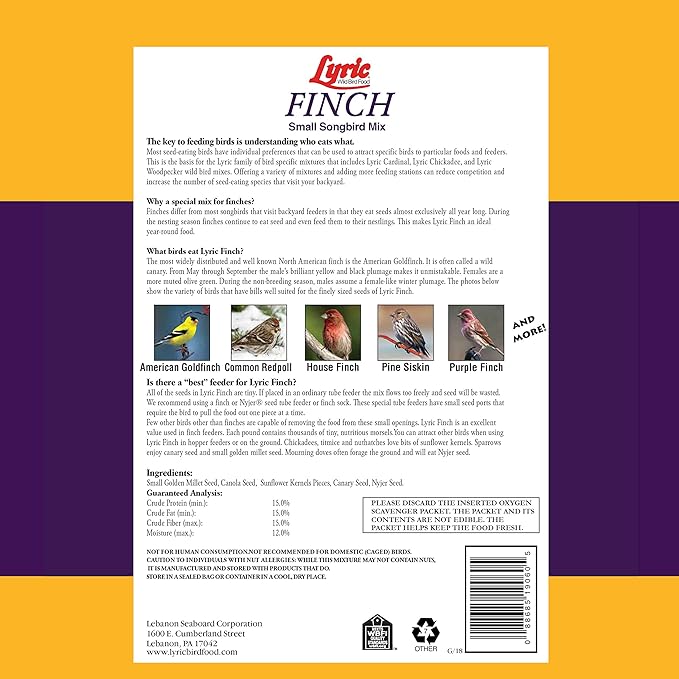Lyric Finch - Small Songbird Wild Bird Seed - Attracts Goldfinches, House Finches, Purple Finches & More - 20 lb. bag