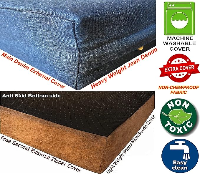 Dogbed4less Large Orthopedic Memory Foam Dog Bed for Medium to Large Dogs with Durable Waterproof Internal Case, Removable Washable Denim Cover + Bonus Pet Bed Cover, 41X27X4 Fit 42X28 Dog Crate, Blue