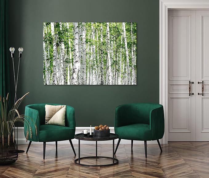 Nature Wall Art Prints - Ocean Forest Mountain Lake Canvas Landscapes - Small to Extra Large Living Room Bedroom Kitchen Bathroom Décor (Green Brich Trees, 35L" x 53W")