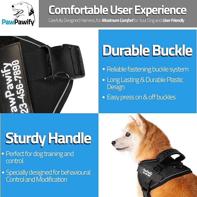 PawPawify Custom No Pull Dog Harness with Name and Phone Number, Heavy Duty Personalized Pet Vest to Prevent Tugging, Pulling, or Choking, Training and Walking (New Black, S (10-19LBS))