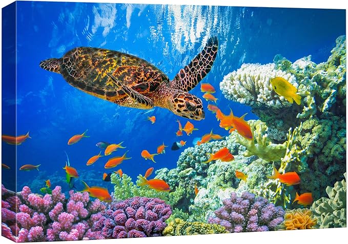 wall26 Canvas Print Wall Art Vibrant Neon Underwater Turtle, Reef & Fish Nature Animals Photography Realism Rustic Scenic Landscape Wilderness Colorful for Living Room, Bedroom, Office - 24"x36"