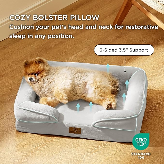 Bedsure Orthopedic Dog Beds for Small Dogs - Washable Small Dog Cat Bed Waterproof, Comfort Pet Couch Sofa with Washable Removable Cover, Pets Bed with Nonskid Bottom, Light Grey, 24"