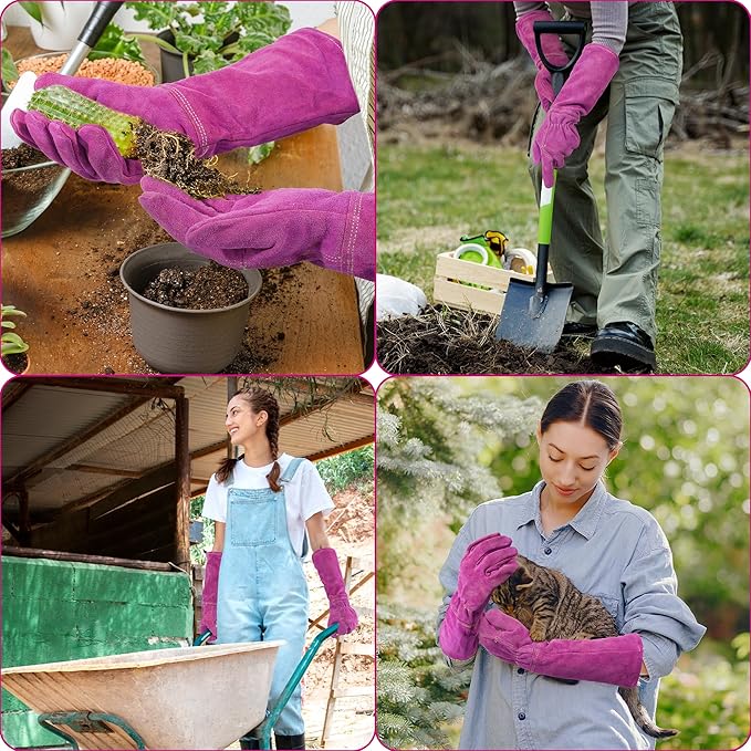 HANDLANDY Ladies Leather Gardening Gloves, Thorn Proof Women Rose Pruning Garden Yard Glove, Heavy Duty Long Sleeve Gloves (Medium, Rosy)