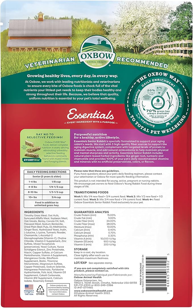 Oxbow Essentials Rabbit Food, Senior, Made with Oxbow Alfalfa for Rabbit, Vitamin & Mineral Rich Pet Pellets, Small Animal Pet Products, Bunny Food, Made in USA, High Fiber, 4 lb. Bag