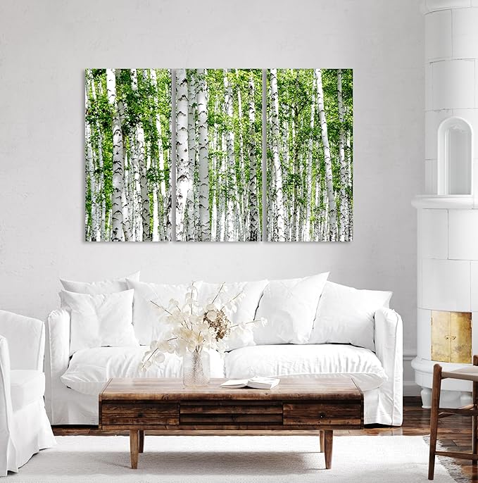 Nature Wall Art Prints - Ocean Forest Mountain Lake Canvas Landscapes - Small to Extra Large Living Room Bedroom Kitchen Bathroom Décor (Green Brich Trees, 31L" x 47W" - 3 Panels)