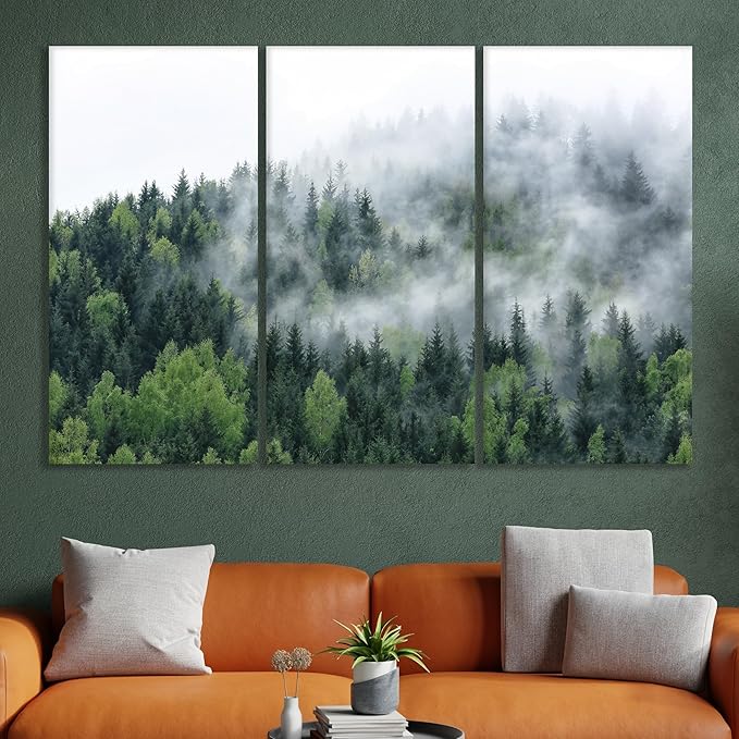 Nature Wall Art Prints - Ocean Forest Mountain Lake Canvas Landscapes - Small to Extra Large Living Room Bedroom Kitchen Bathroom Décor (Pine Trees in Fog, 31L" x 47W" - 3 Panels)