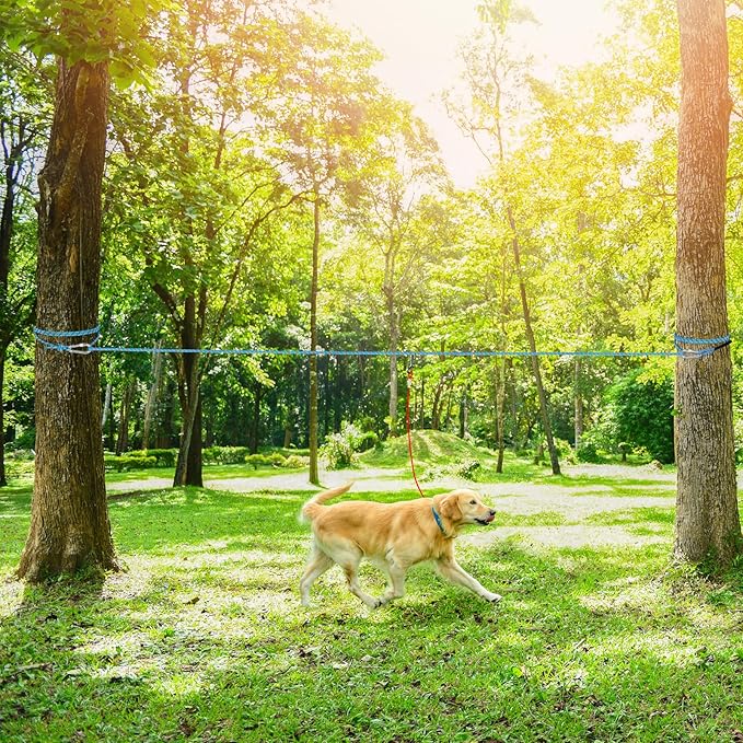 Tresbro Dog Tie Out Cable for Camping, 50ft/75ft/100ft Trolley System for Dogs up to 300lbs, Portable Lightweight Dog Runner Lead for Yard, Reflective Camping Leash for Courtyard, Park, Outside