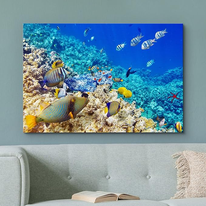 wall26 Canvas Print Wall Art Underwater Neon Blue Teal Ocean Water Fish Nature Animals Photography Realism Rustic Scenic Landscape Wilderness Earth for Living Room, Bedroom, Office - 24"x36"