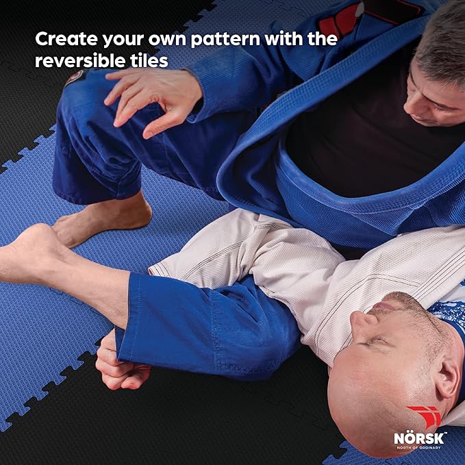 Norsk Reversible Gym Exercise Mats 3/4" Thick EVA Interlocking Foam Tiles, Perfect Gym Flooring for Home Gym,12 Tiles & 24 Trim Pieces, 48 Sq. Ft. Reversible, Dazzling Blue/Black
