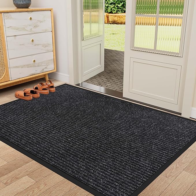 Indoor Outdoor Door Mat, 6' x 3' Doormat for Entryway, Rubber Backing Non Slip Front Door Mat Outside Entrance, Super Absorbent Commercial Floor Mat for Home Office, Black