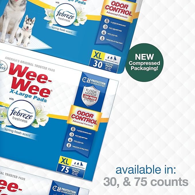 Four Paws Wee-Wee Odor Control with Febreze Freshness Pee Pads for Dogs & Puppies, Leak-Proof Dog Housebreaking Potty Training Floor Protection, Spring Fresh Scent, 28" x 30", 30 Count