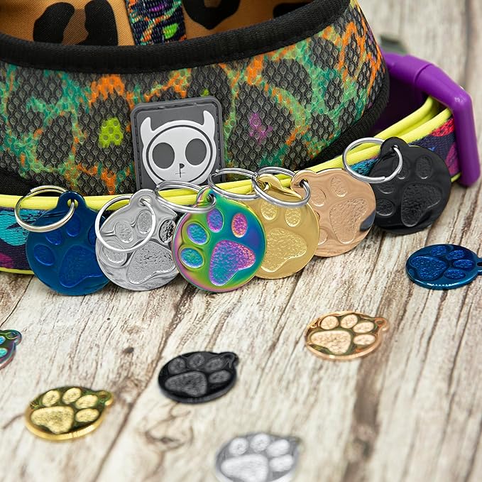 Engraved Pet Tag for Dogs and Cats - Personalized Front & Back up to 4 Lines of Text Custom Engraved ID, Round Paw Print Solid Plating Stainless Steel Nebula Regular