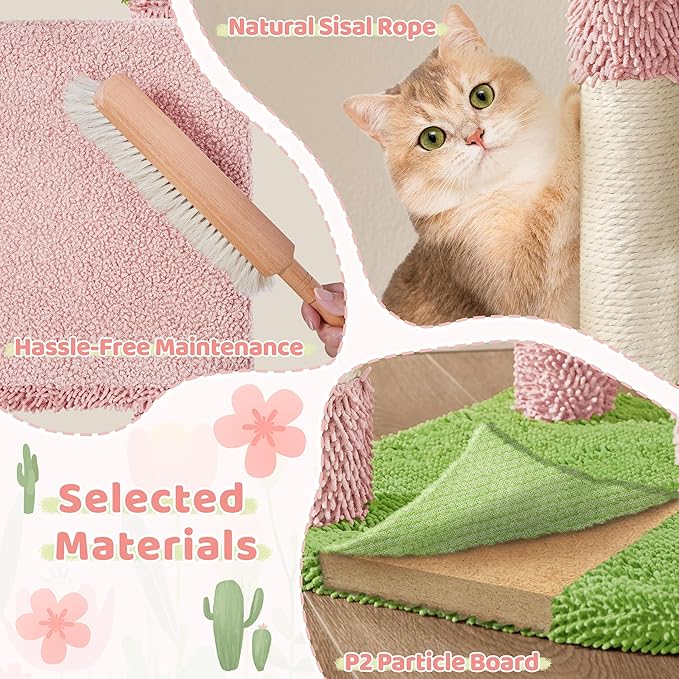 Yaheetech Cactus Cat Tree, 42in Cat Tower for Indoor Cats, Multi Level Kitten Condo Scratching Post, Pet Activity Center Furniture w/Ball, Plush Perch, Platform, Basket, Pink/Green