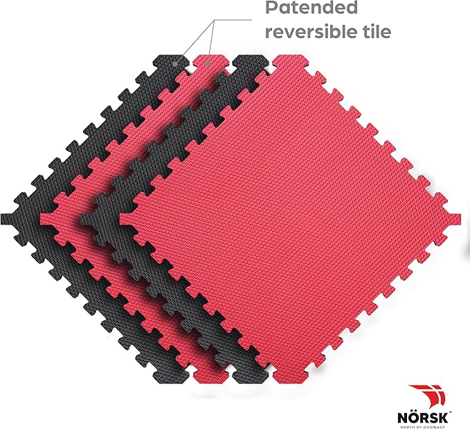Norsk Reversible Gym Exercise Mats 3/4" Thick EVA Interlocking Foam Tiles, Perfect Home Gym Flooring, 36 Tiles & 72 Trim Pieces, 144 Sq. Ft. Reversible, Red/Black