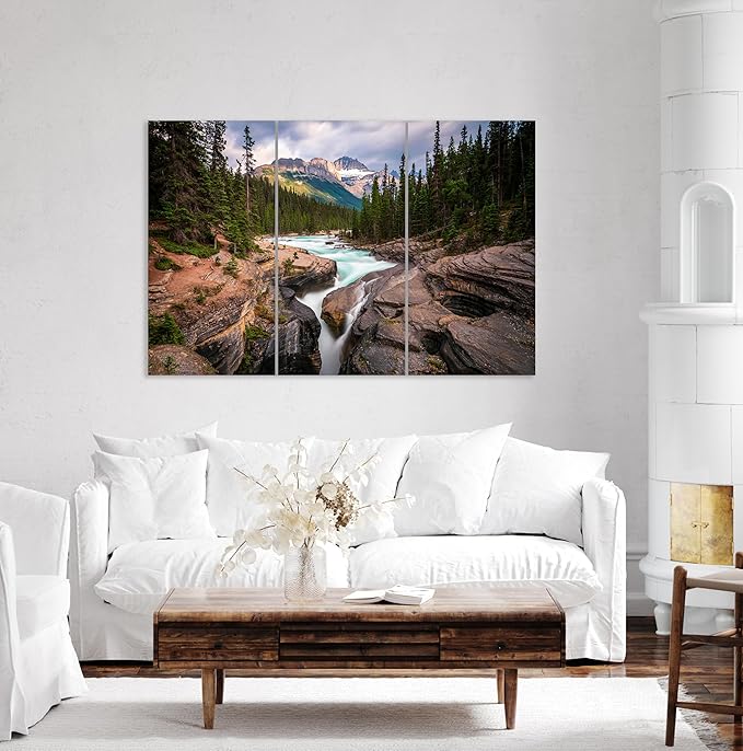Nature Wall Art Prints - Ocean Forest Mountain Lake Canvas Landscapes - Small to Extra Large Living Room Bedroom Kitchen Bathroom Décor (Mountain River Waterfall, 31L" x 47W" - 3 Panels)