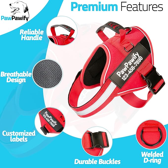 PawPawify Custom No Pull Dog Harness with Name and Phone Number, Heavy Duty Personalized Pet Vest to Prevent Tugging, Pulling, or Choking, Training and Walking (New Red, L (40-60 LBS))