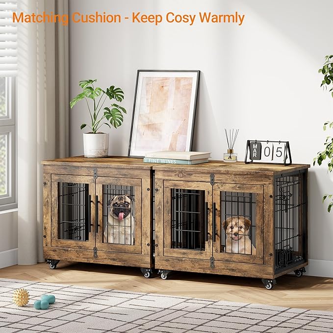 Lulive Small Dog Crate Furniture, Dog Kennel Indoor Double Doors Wooden Dog Cage, 27.1'' Heavy Duty Dog Crate with Cushion & Wheels, Decorative End Table Pet House Chew-Resistant for Small Dogs, Brown