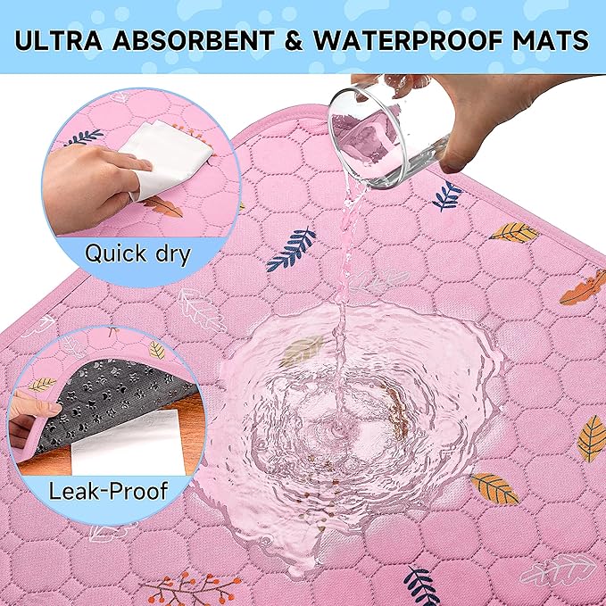 Sunheir 2-Pack Extra Large Reusable Dog Mat for Floor, Dog Playpen, Non-Slip Waterproof Super Absorbent Washable Pee Pads for Dogs, Pet Whelping Pads, Potty Training - Pink, 36" x 48"